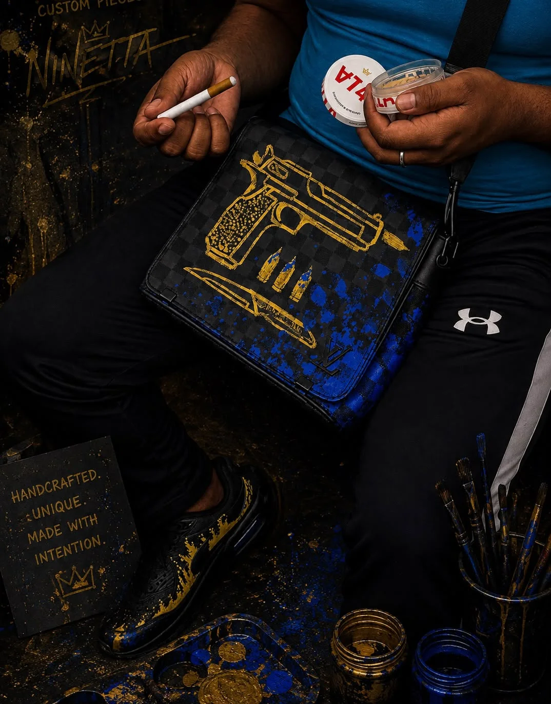 Ninetta werkt met de hand aan een tas met blauwe en gouden details